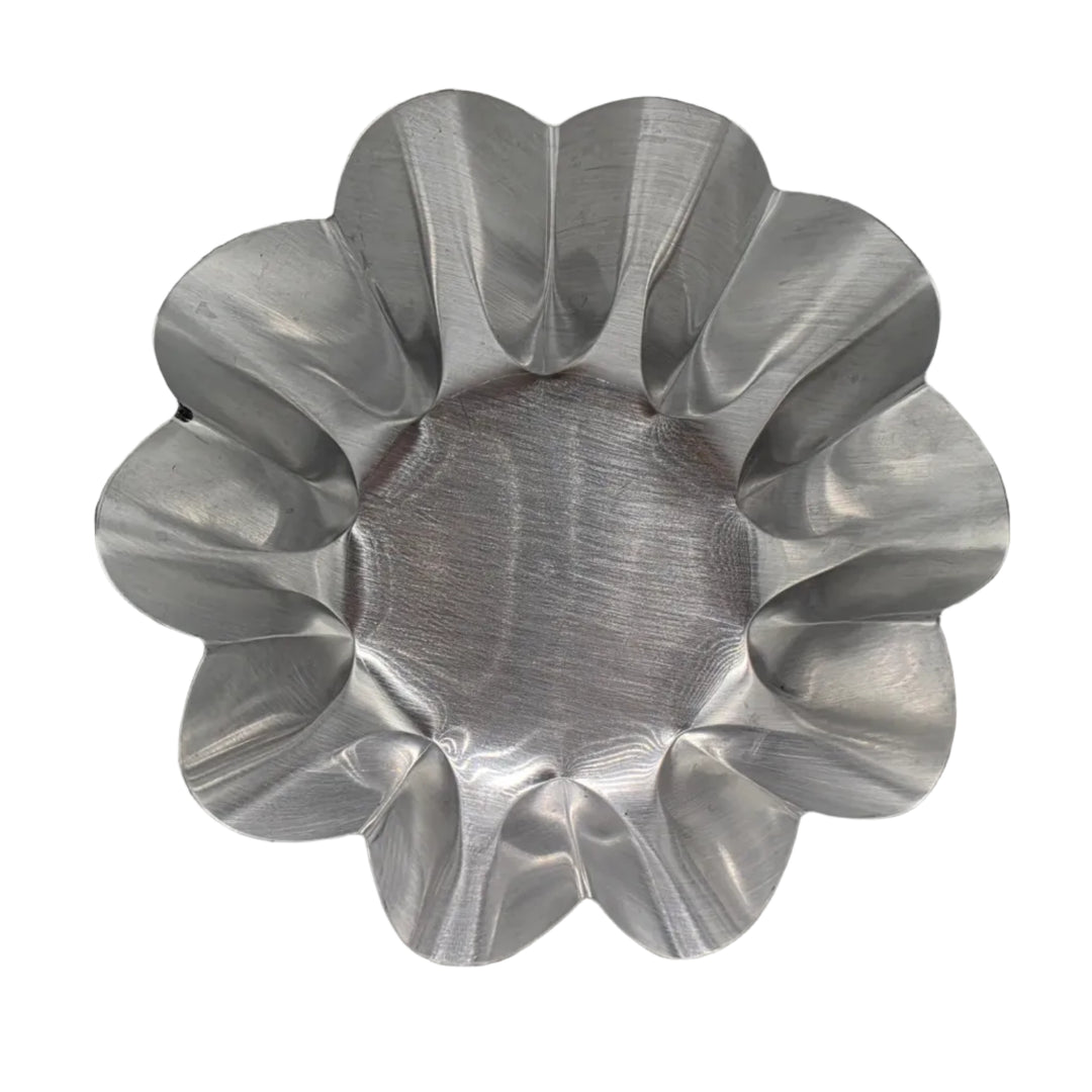 Aluminum mamon holders, 4-piece pack, lightweight and reusable baking molds designed for holding mamon or cupcakes, with a smooth metallic finish and fluted edges.