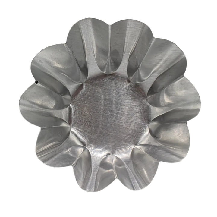 Aluminum mamon holders, 4-piece pack, lightweight and reusable baking molds designed for holding mamon or cupcakes, with a smooth metallic finish and fluted edges.