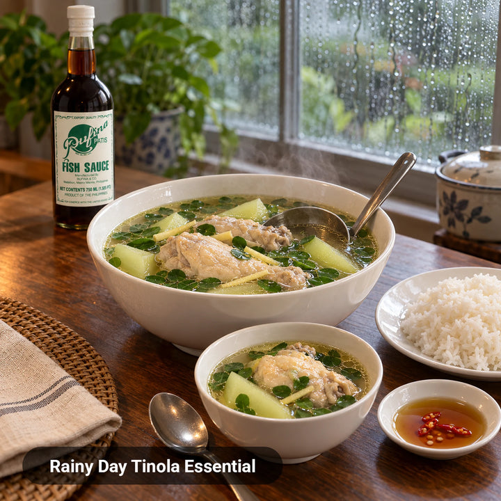 Rufina Patis Filipino fish sauce with a bowl of chicken tinola, rice, and patis with siling labuyo on a rainy day
