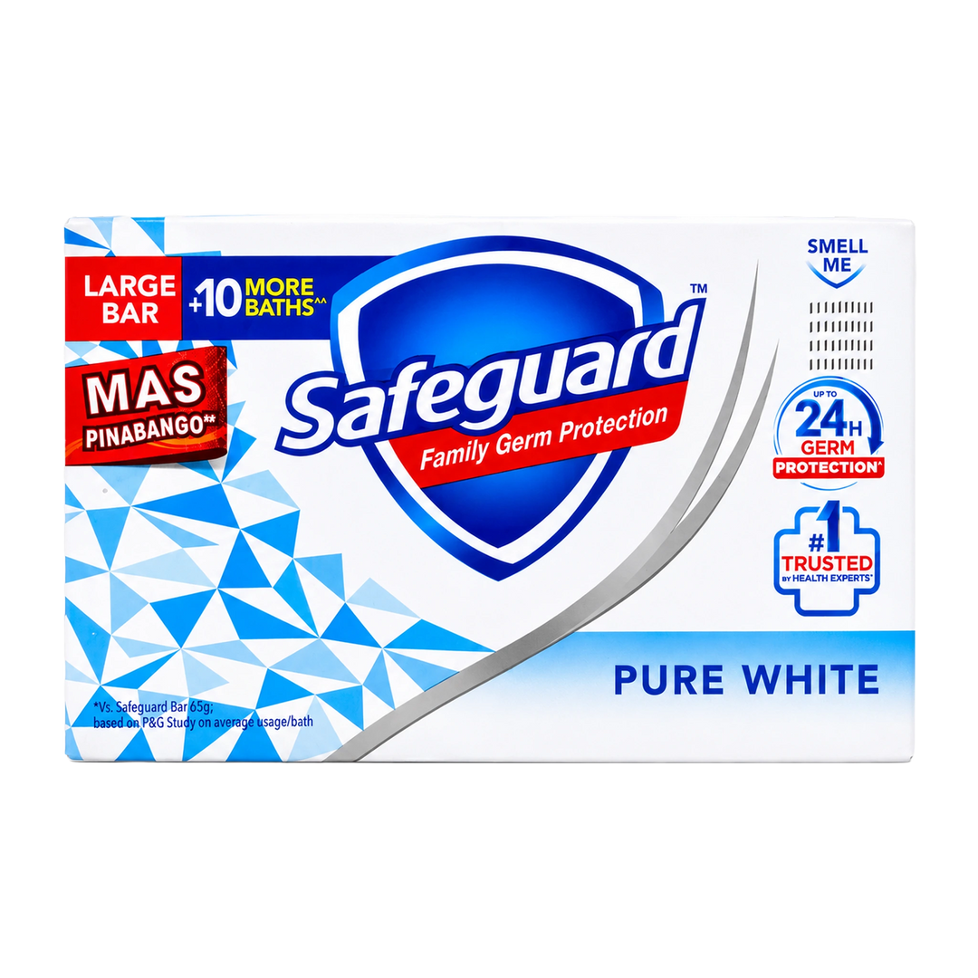 Front view of Safeguard Family Germ Protection Pure White large bar soap packaging. The white box features the Safeguard shield logo, "Pure White" variant, "Large Bar +10 More Baths" label, 24-hour germ protection badge, #1 trusted by health experts icon, and "Mas Pinabango" fragrance callout on a clean white background.