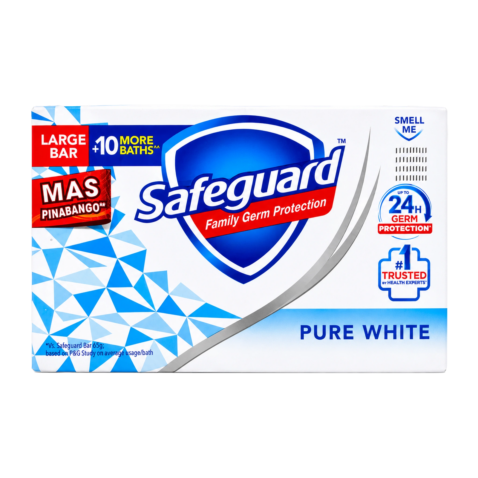Front view of Safeguard Family Germ Protection Pure White large bar soap packaging. The white box features the Safeguard shield logo, "Pure White" variant, "Large Bar +10 More Baths" label, 24-hour germ protection badge, #1 trusted by health experts icon, and "Mas Pinabango" fragrance callout on a clean white background.