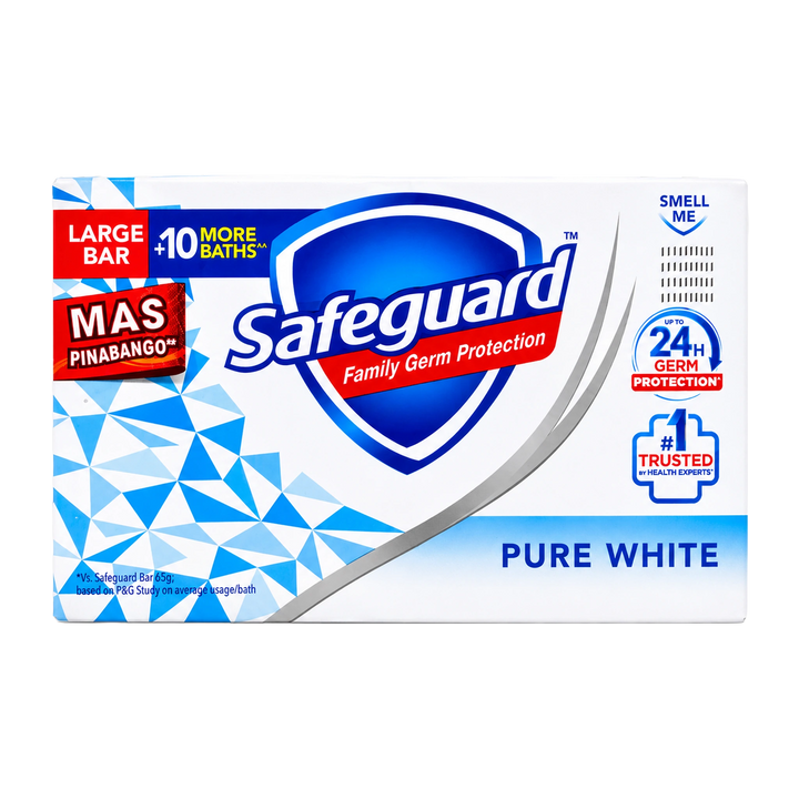 Front view of Safeguard Family Germ Protection Pure White large bar soap packaging. The white box features the Safeguard shield logo, "Pure White" variant, "Large Bar +10 More Baths" label, 24-hour germ protection badge, #1 trusted by health experts icon, and "Mas Pinabango" fragrance callout on a clean white background.