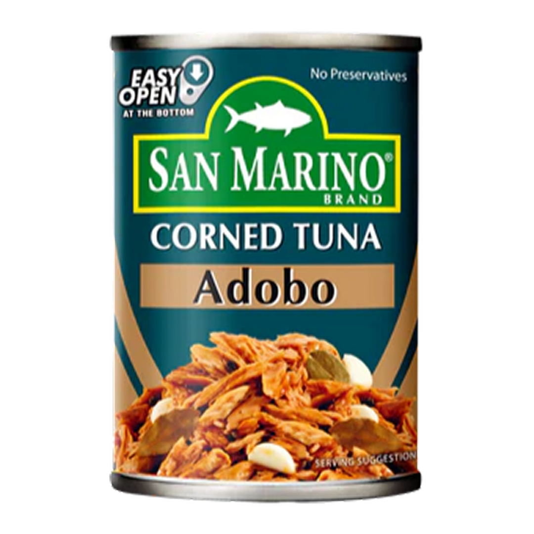 San Marino Brand Corned Tuna Adobo, 155 g can, flaky tuna seasoned in classic Filipino adobo style with soy sauce, garlic, and spices, packaged in a compact can with bold, savory-themed labeling.