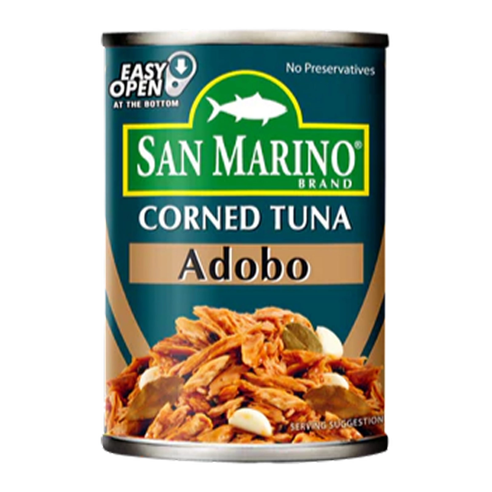 San Marino Brand Corned Tuna Adobo, 155 g can, flaky tuna seasoned in classic Filipino adobo style with soy sauce, garlic, and spices, packaged in a compact can with bold, savory-themed labeling.