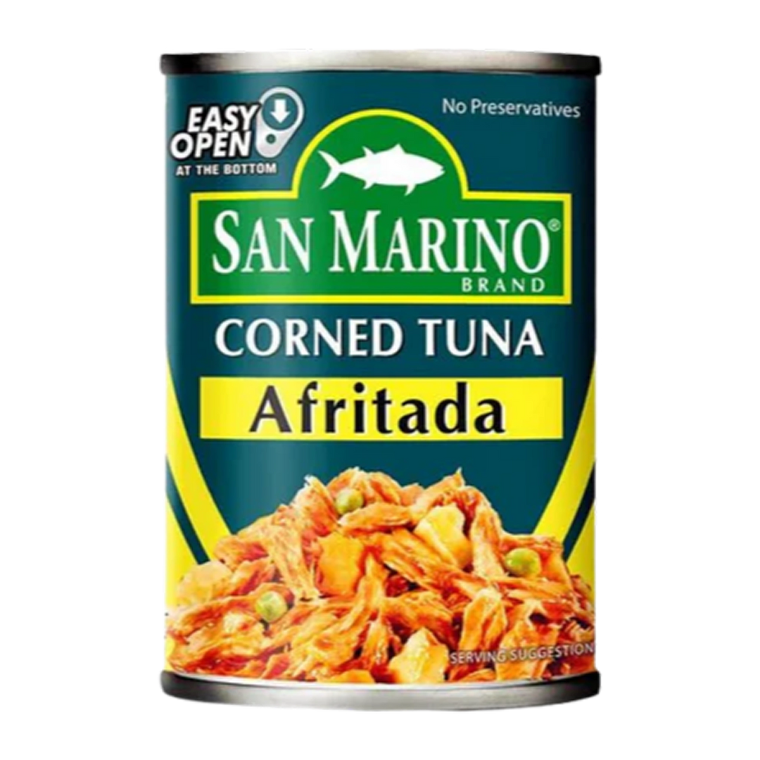 San Marino Brand Corned Tuna Afritada, 155 g can, flaky tuna in a savory tomato-based afritada-style sauce with vegetables and mild spices, packaged in a compact can with bright, appetizing labeling.


