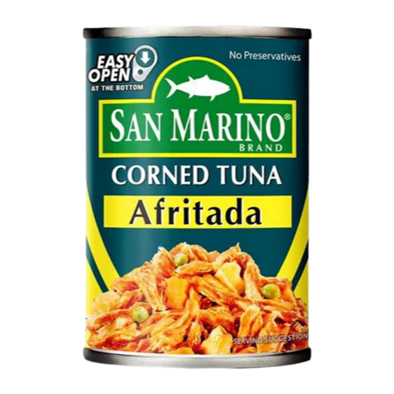 San Marino Brand Corned Tuna Afritada, 155 g can, flaky tuna in a savory tomato-based afritada-style sauce with vegetables and mild spices, packaged in a compact can with bright, appetizing labeling.


