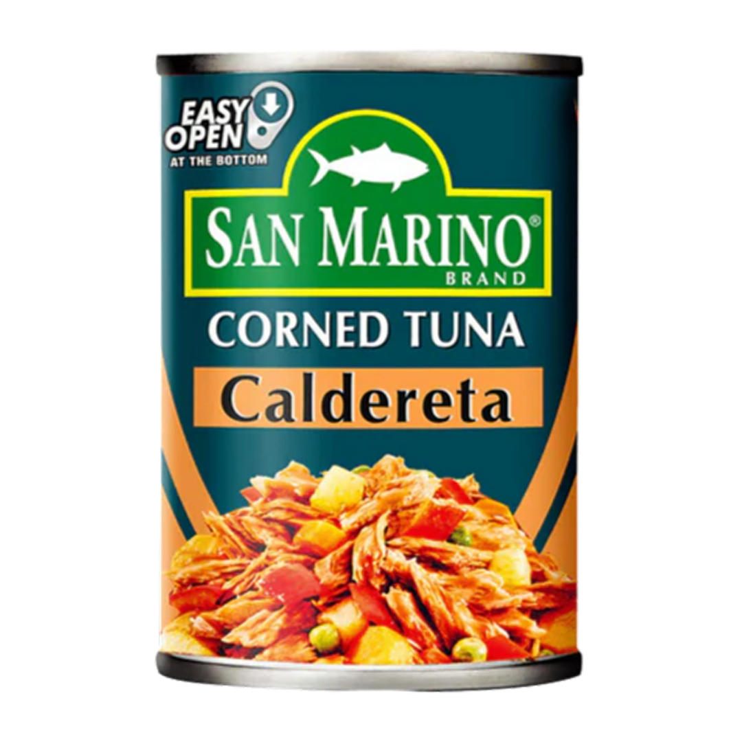San Marino Brand Corned Tuna Caldereta, 155 g can, flaky tuna in a rich, savory caldereta-style sauce with tomato, spices, and a hint of heat, packaged in a compact can with bold, vibrant labeling.