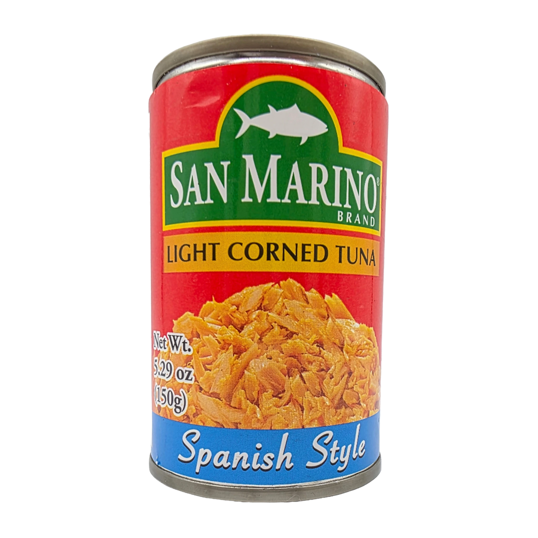 San Marino Brand Light Corned Tuna Spanish Style, 5.29 oz can, flaky tuna seasoned with Spanish-style spices and herbs for a savory, zesty flavor, packaged in a compact can with vibrant, Mediterranean-inspired labeling.
