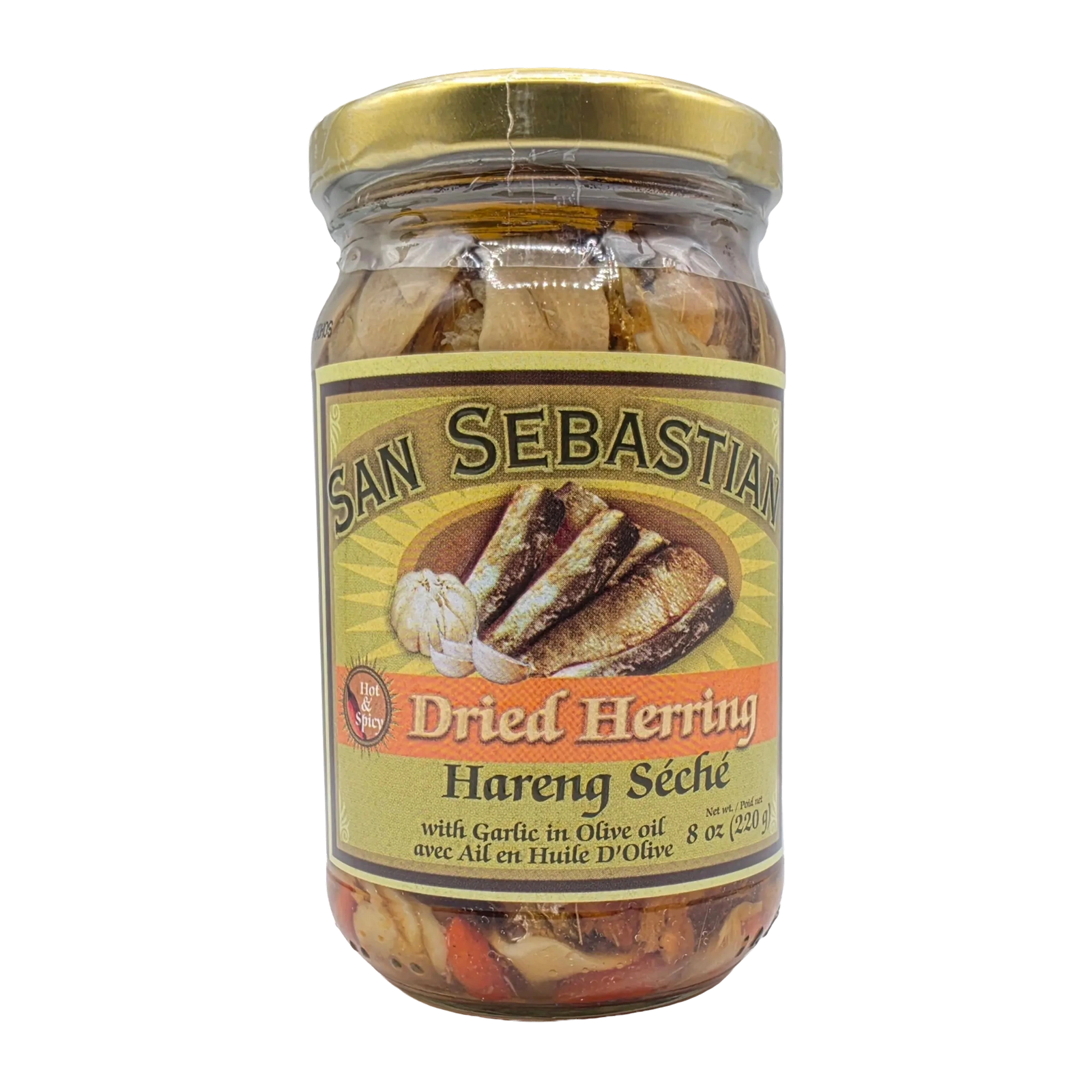 San Sebastian Sardines Dried Herring with Garlic in Olive Oil Hot & Spicy - 220g on a transparent background