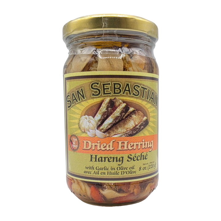 San Sebastian Sardines Dried Herring with Garlic in Olive Oil Hot & Spicy - 220g on a transparent background