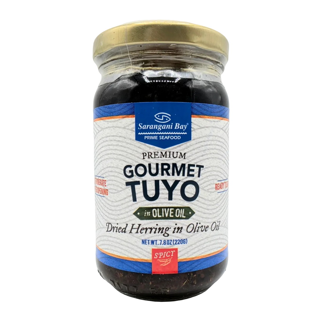 Sarangani Bay Premium Gourmet Tuyo Dried Herring in Olive Oil SPICY - 220g on a transparent background