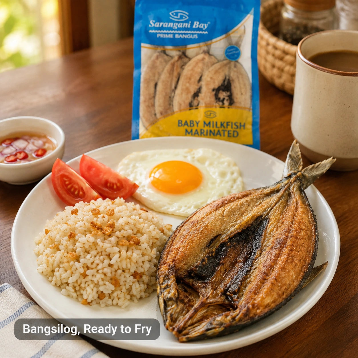 A plated breakfast scene on a wooden table featuring a cooked bangsilog fish piece, rice, fried egg, tomato wedges, a small bowl of sauce, and a package of Sarangani Bay Baby Milkfish Marinated snack in the background.