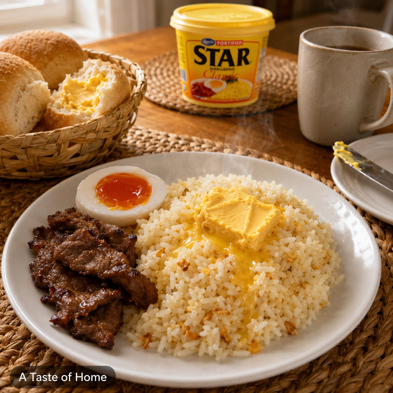 Star Margarine Classic melting over garlic rice with tapa, salted egg, pandesal, and coffee on the table