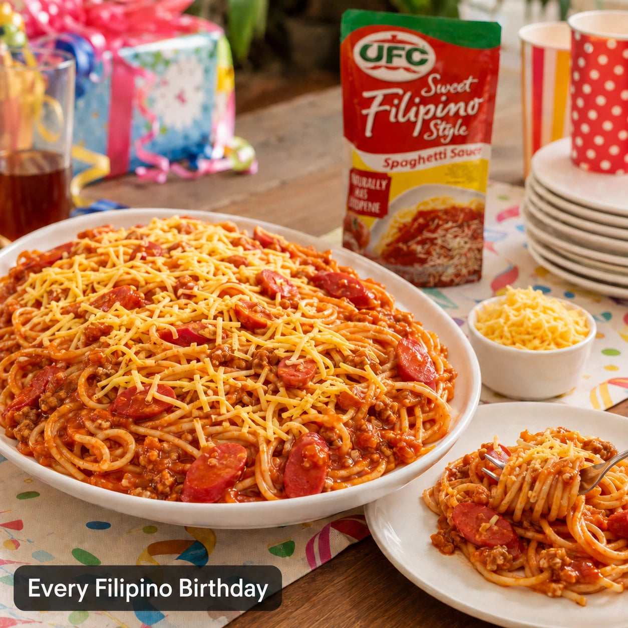 A large white bowl filled with spaghetti meatballs topped with shredded cheese, alongside a smaller plate of the same dish and a bag of UFC Sweet Filipino Style Spaghetti Sauce on a decorated table. A 'Every Filipino Birthday' banner is visible in the lower left corner.